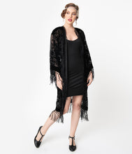 Load image into Gallery viewer, 1920s Style Black Devore Velvet Fringe Long Flapper Coat