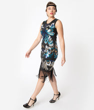 Load image into Gallery viewer, 1920s Black & Blue Beaded & Fringe Flapper Dress