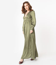 Load image into Gallery viewer, 1970s Style Moss Green & Ivory Polka Dot Maxi Dress