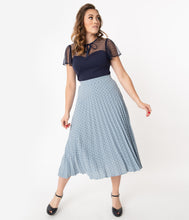 Load image into Gallery viewer, 1940s Style Light Blue & Navy Polka Dot Pleated Skirt