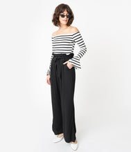 Load image into Gallery viewer, 1970s Style Black & White Stripe Colorblock Jumpsuit