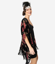 Load image into Gallery viewer, Black & Red Floral Devore Velvet Kimono