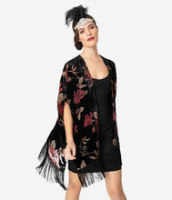 Load image into Gallery viewer, Black & Red Floral Devore Velvet Kimono