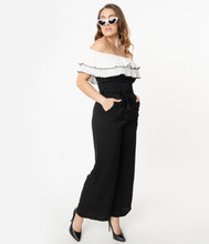 Load image into Gallery viewer, Black & White Off Shoulder Ruffle Jumpsuit
