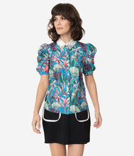Load image into Gallery viewer, 1950s Blue & Green Tropical Print Rhinestone Collar Blouse