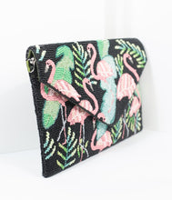 Load image into Gallery viewer, Black & Pink Flamingo Tropical Beaded Envelope Clutch