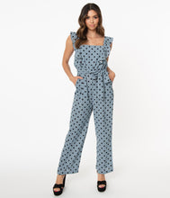 Load image into Gallery viewer, 1970s Style Dusty Blue & Black Polka Dot Jumpsuit