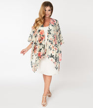 Load image into Gallery viewer, 1920s Style Beige & Pink Floral Devore Velvet Kimono