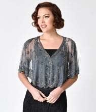 Load image into Gallery viewer, 1920s Style Silver Grey Beaded Sheer Mesh Capelet