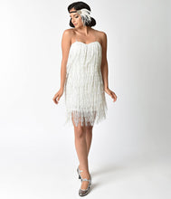 Load image into Gallery viewer, 1920s Style White & Iridescent Sequin & Fringe Flapper Dress
