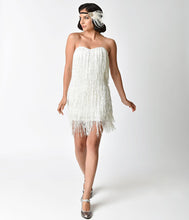 Load image into Gallery viewer, 1920s Style White & Iridescent Sequin & Fringe Flapper Dress