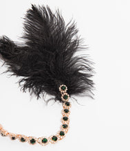 Load image into Gallery viewer, Black Feather & Emerald Crystal Goldie Flapper Headband