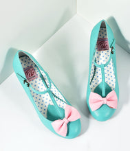 Load image into Gallery viewer, Vintage Style Light Teal & Pink Leatherette T-Strap Bow Wiggle Heels