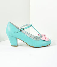 Load image into Gallery viewer, Vintage Style Light Teal & Pink Leatherette T-Strap Bow Wiggle Heels