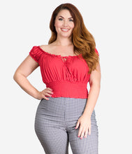 Load image into Gallery viewer, Bettie Page Plus Size 1950s Red La Fiesta Crop Top
