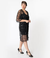 Load image into Gallery viewer, 1920s Style Black Sequin Mesh Long Kimono
