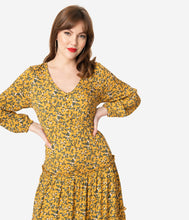 Load image into Gallery viewer, 1940s Style Mustard &amp; Ivory Floral Midi Dress
