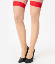 Load image into Gallery viewer, Beige &amp; Red Lips Back Seam Thigh High Stockings
