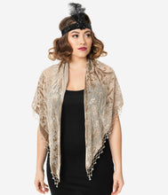 Load image into Gallery viewer, 1920s Style Champagne Beaded Devore Velvet Shawl
