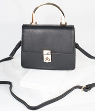 Load image into Gallery viewer, Black Leatherette &amp; Gold Top Handle Purse
