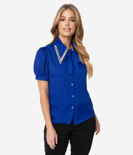 Load image into Gallery viewer, 1950s Style Royal Blue Rhinestone Collar Blouse

