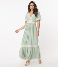Load image into Gallery viewer, 1970s Style Seafoam Lace Trim Maxi Dress
