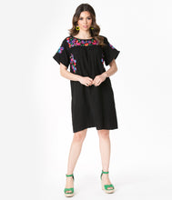 Load image into Gallery viewer, 1970s Style Black &amp; Multi Floral Embroidered Tunic Dress
