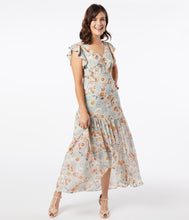 Load image into Gallery viewer, 1920s Style Sage Floral Ruffle Maxi Day Dress
