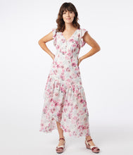 Load image into Gallery viewer, 1920s Style Ivory &amp; Purple Floral Ruffle Maxi Day Dress

