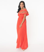 Load image into Gallery viewer, 1970s Tomato Red Off Shoulder Maxi Dress
