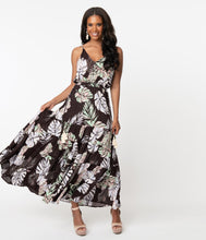 Load image into Gallery viewer, 1970s Style Black Tropical Print Maxi Dress
