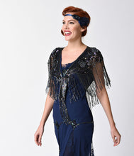 Load image into Gallery viewer, 1920s Style Metallic Black Sheen Deco Rose Beaded Fringe Shawl
