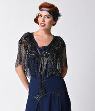 Load image into Gallery viewer, 1920s Style Metallic Black Sheen Deco Rose Beaded Fringe Shawl
