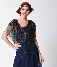 Load image into Gallery viewer, 1920s Style Metallic Black Sheen Deco Rose Beaded Fringe Shawl
