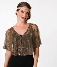 Load image into Gallery viewer, 1920s Style Brown &amp; Dusty Rose Gold Beaded Sheer Mesh Capelet
