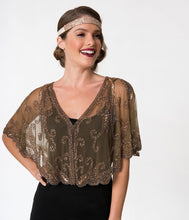 Load image into Gallery viewer, 1920s Style Brown &amp; Dusty Rose Gold Beaded Sheer Mesh Capelet
