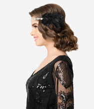 Load image into Gallery viewer, Black Feather &amp; Silver Rhinestone Margo Flapper Headband
