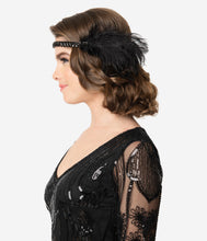 Load image into Gallery viewer, Black Feather &amp; Teardrop Gem Olivia Flapper Headband
