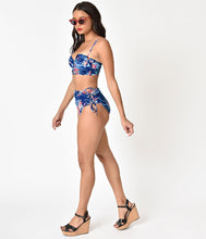 Load image into Gallery viewer, Betsey Johnson Blue Velvet &amp; Floral Print Midnight Garden Too High Waist Swim Bottom
